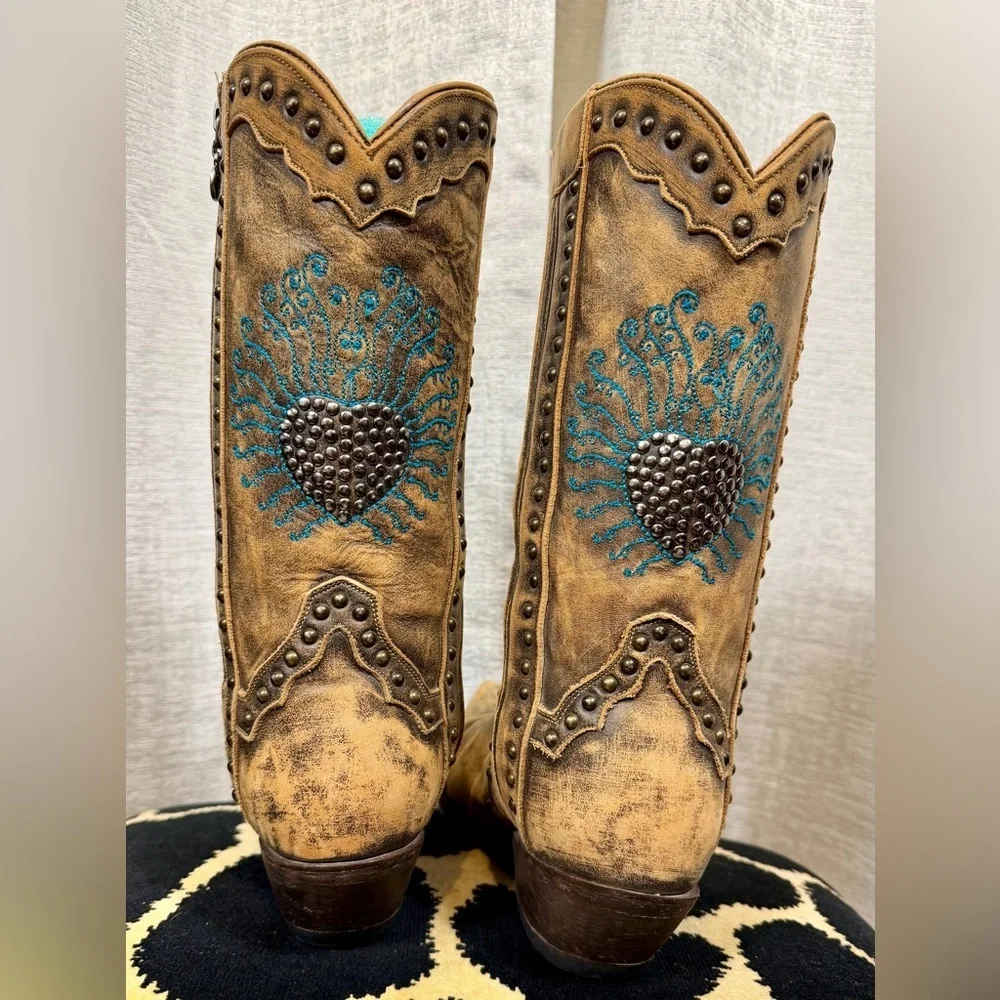 Dan Post DP3441 Distressed Leather Turquoise Heart Cowgirl Boots 6.5M – Western - Picture 7 of 8
